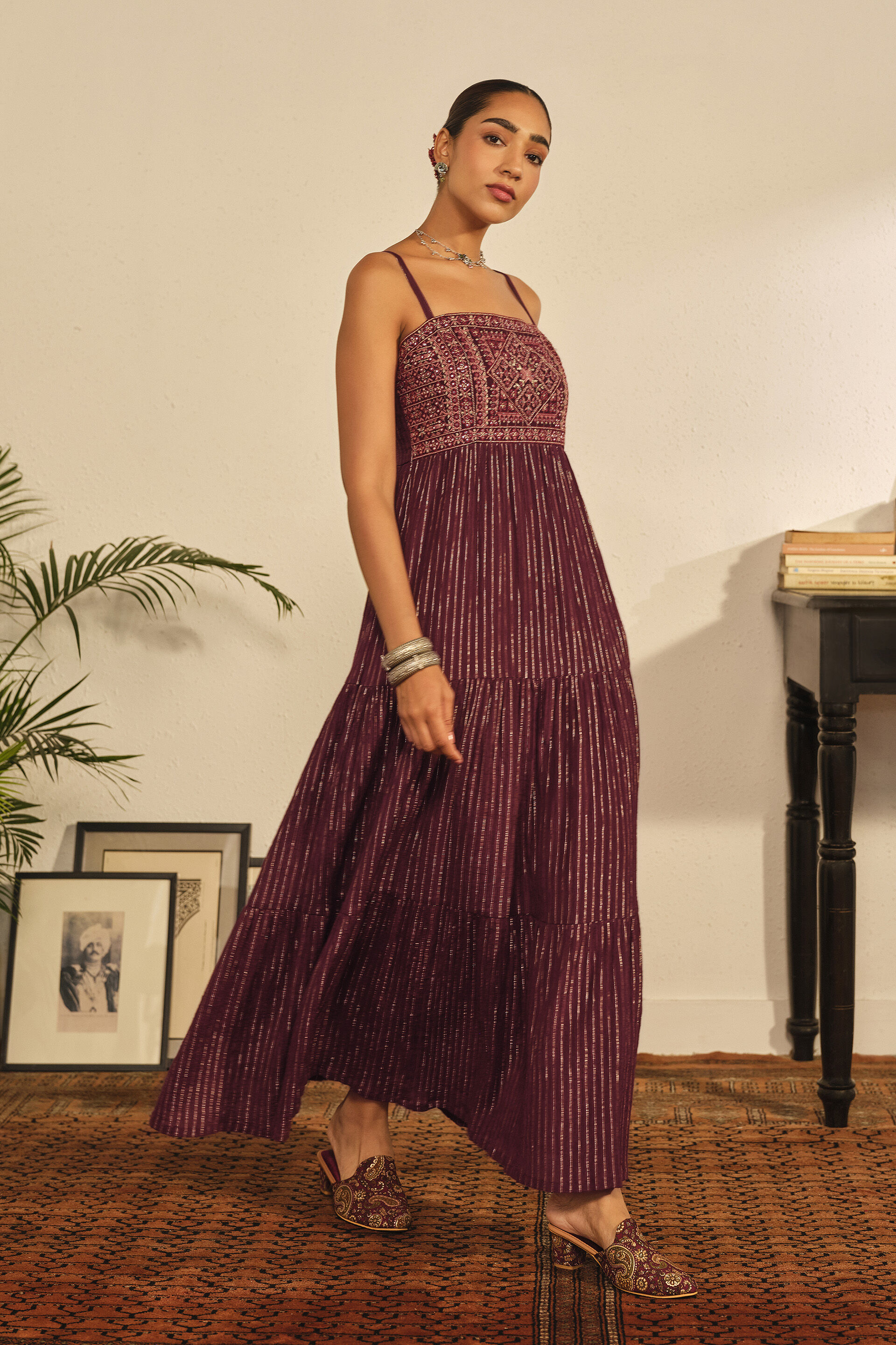 Embroidered Maxi Dress in Wine, Wine, image 2